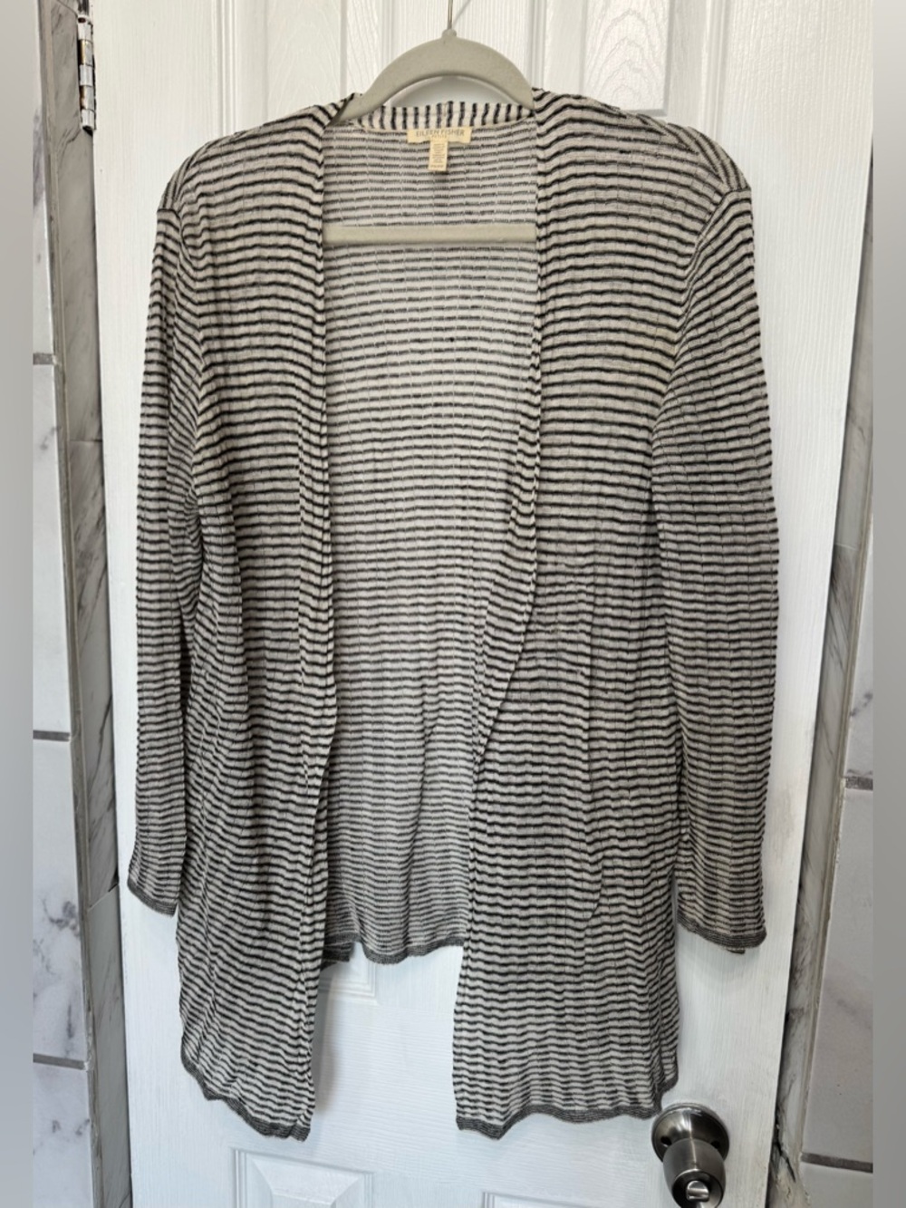 Eileen Fisher Graphite Bone Striped Organic Linen Blend Crepe Knit Cardigan